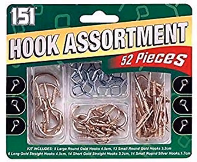 52 Piece Screw-in Hook Assortment in Multicolour, White and Silver