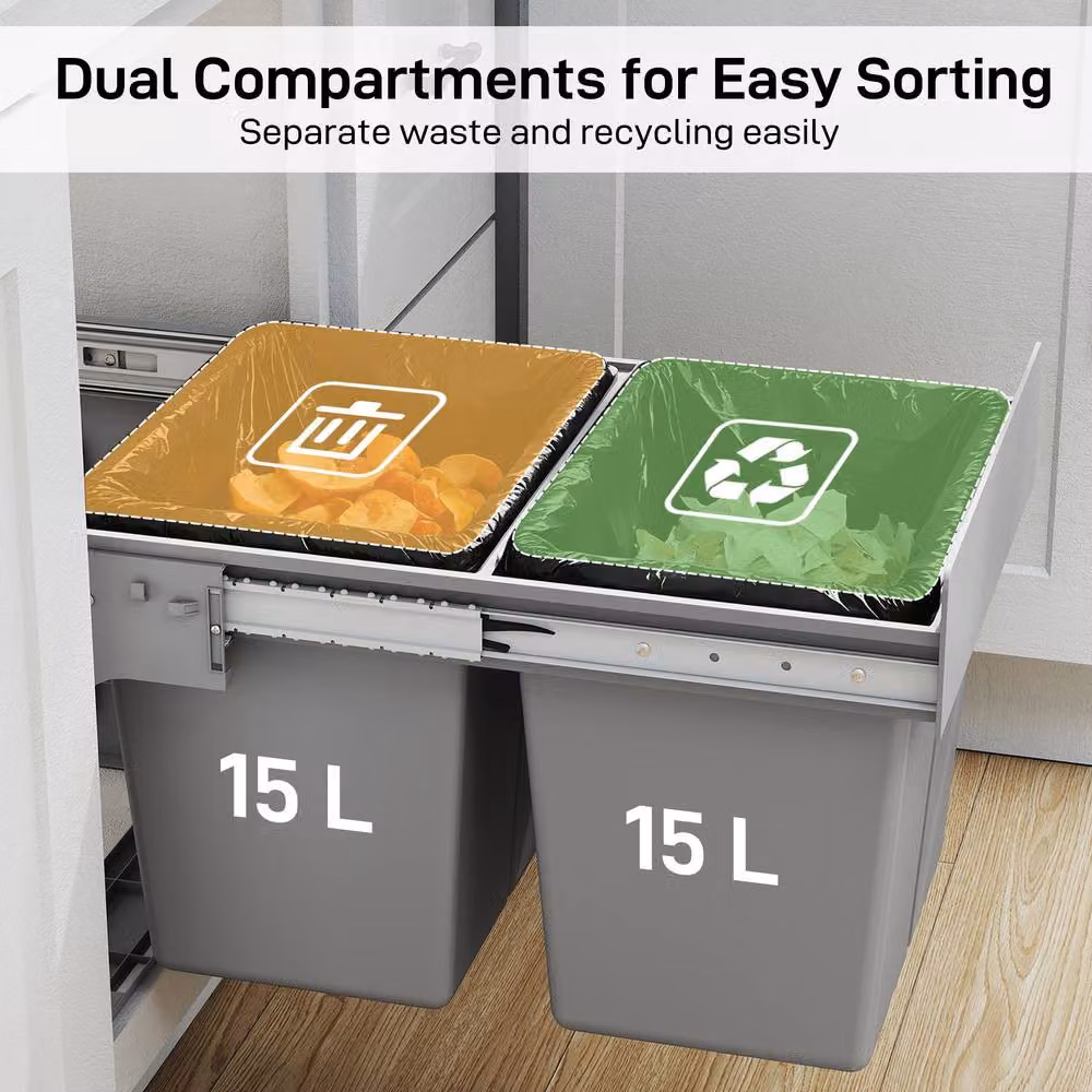 HOMCOM Soft Close Pull Out Under Sink Bin with 2 Removable Inner Buckets, 30L, Light Grey – 4