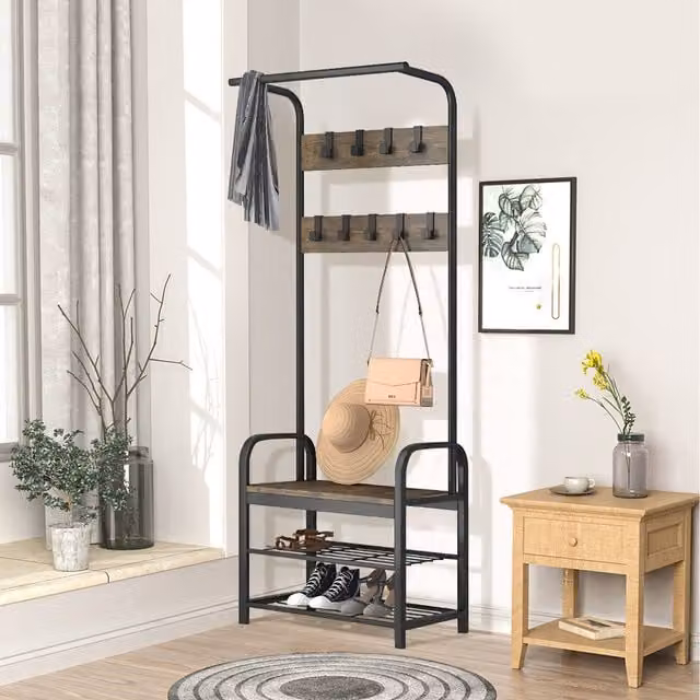 Komore Industrial Hall Tree with Bench and Dual Hook and Rail Matrix in Black and Brown