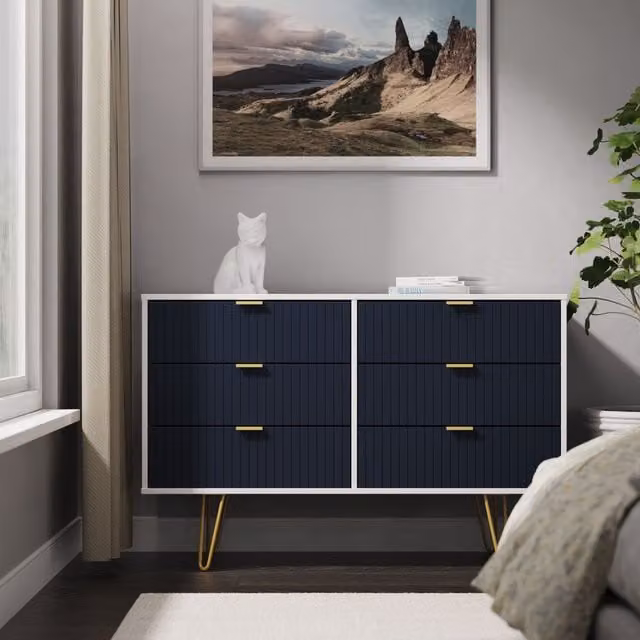 Ready Assembled 2 U Bexley 6 Drawer Wide Chest in Dark Blue and Gold