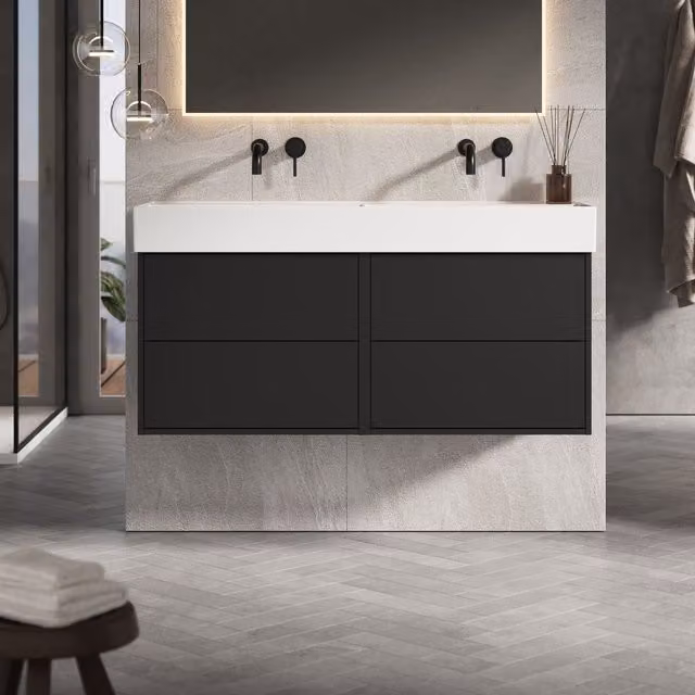 Banyetti Venti 1200mm Wall Hung Vanity with Veneto No Tap Hole Basin, Matt Black, W/D/H: 120 x 45 x 48 cm