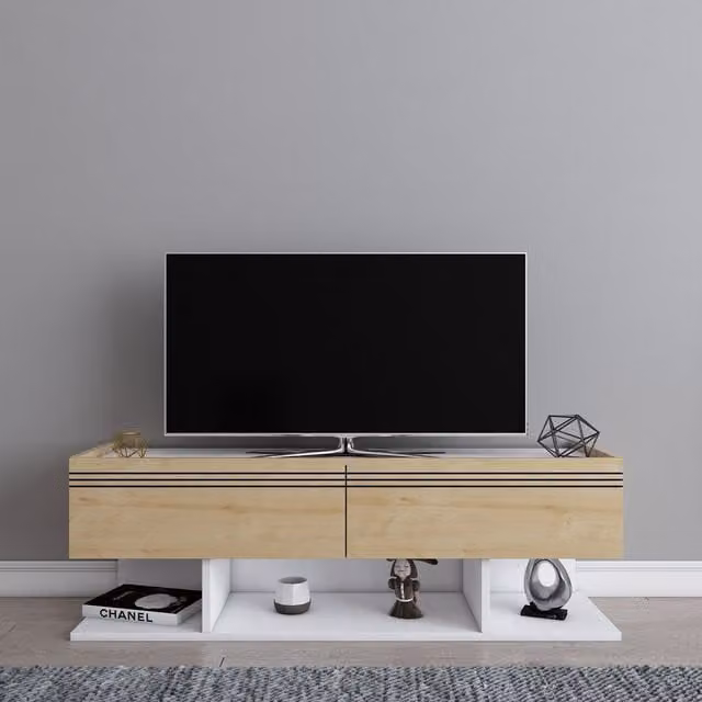 Kase Modern TV Unit in White and Sapphire Oak Pattern for TVs up to 55 inch