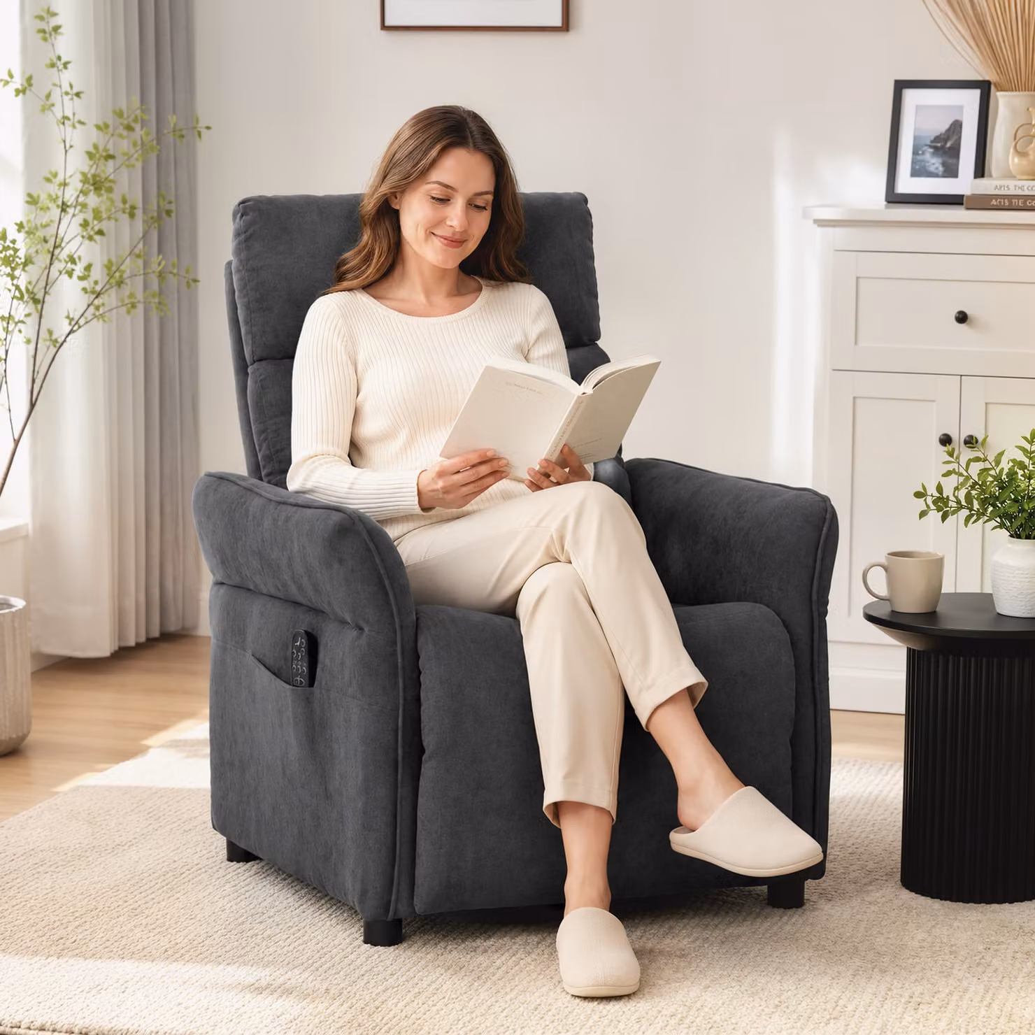 HOMCOM Dark Grey Fabric Recliner Armchair with Massage, Heat and Adjustable Armrests – 6