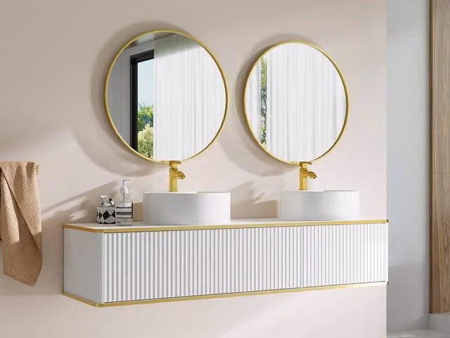 Vente-unique Suspended Grooved Bathroom Cabinet with 2 Drawers and Gold Trim, White and Gold – 1