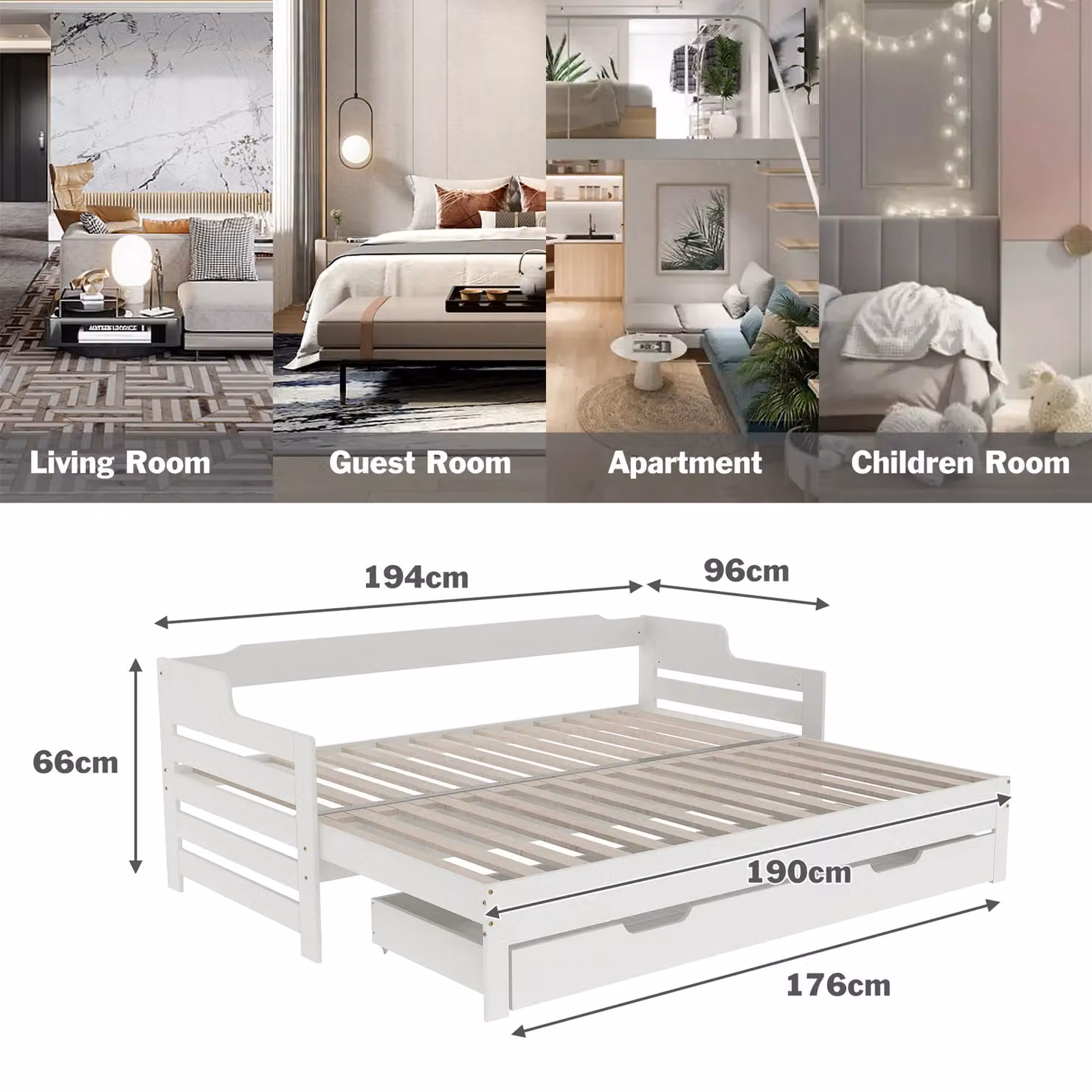 AKA White Solid Wood Single Daybed with Trundle and Drawers, 90 x 190 cm – 2