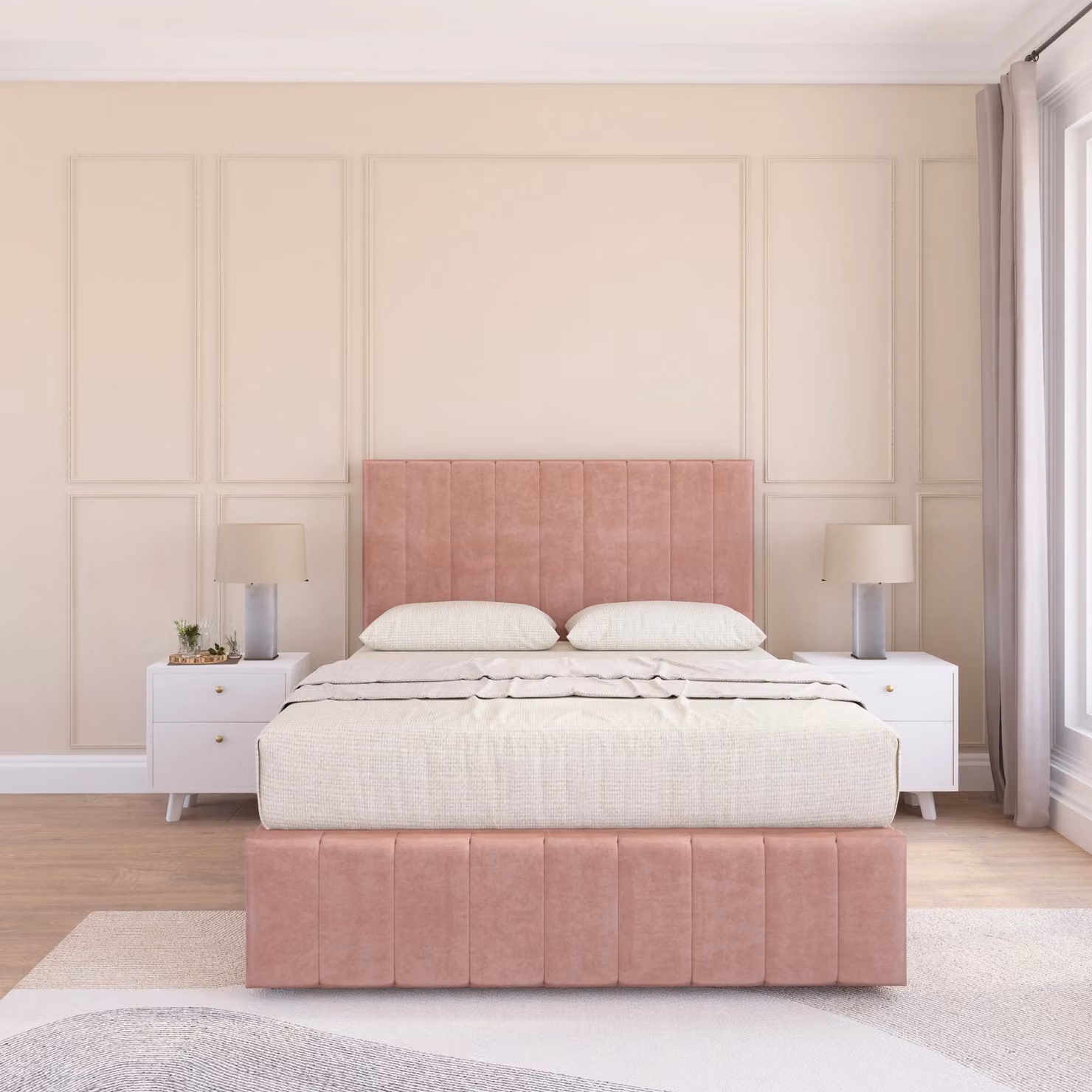 Sloomy California Divan Bed Base in Pink Velvet with Chesterfield Upholstered Headboard and 12 inch Footboard, W/D/H: 90 x 190 cm