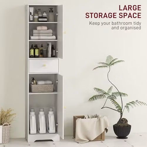 HOMCOM Tall White Bathroom Storage Cabinet with Hinged Doors, Internal Drawers and Shelves, W/D/H: 40 x 29.5 x 170 cm – 2