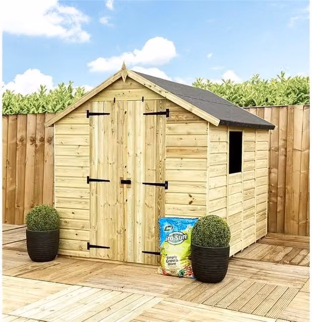 Marlborough Pressure Treated Low Eaves Apex Garden Shed with Double Doors in Natural Wood