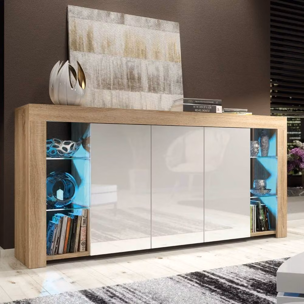 FORGEVIO Modern White and Natural Oak Wood TV Unit Stand Cabinet Sideboard with Integrated Lighting – 3