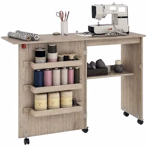 HOMCOM Grey Folding Sewing Table with Drop Leaf, Storage Bins and Wheels, W/D/H: 117 x 40 x 79.5 cm – 1