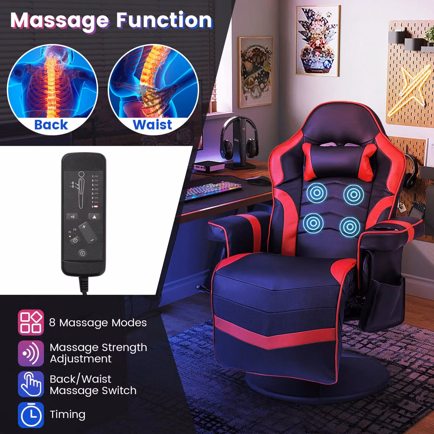 Gymax Red Massage Swivel Gaming Recliner Chair with Adjustable Height and Armrests – 6