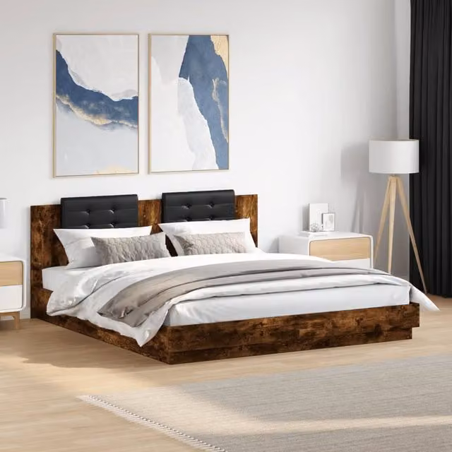Berkfield Home Modern Bed Frame with LED Under-Bed Lighting and USB Charging Port in Smoked Oak Brown, W/D/H: 200 x 200 cm