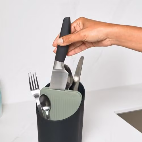 ReBorn Recycled Plastic Kitchen Cutlery Drainer Drying Rack with Drip Tray, Charcoal Grey and Sage Green, W: 17.4 cm, D: 13.8 cm, H: 11.4 cm – 3