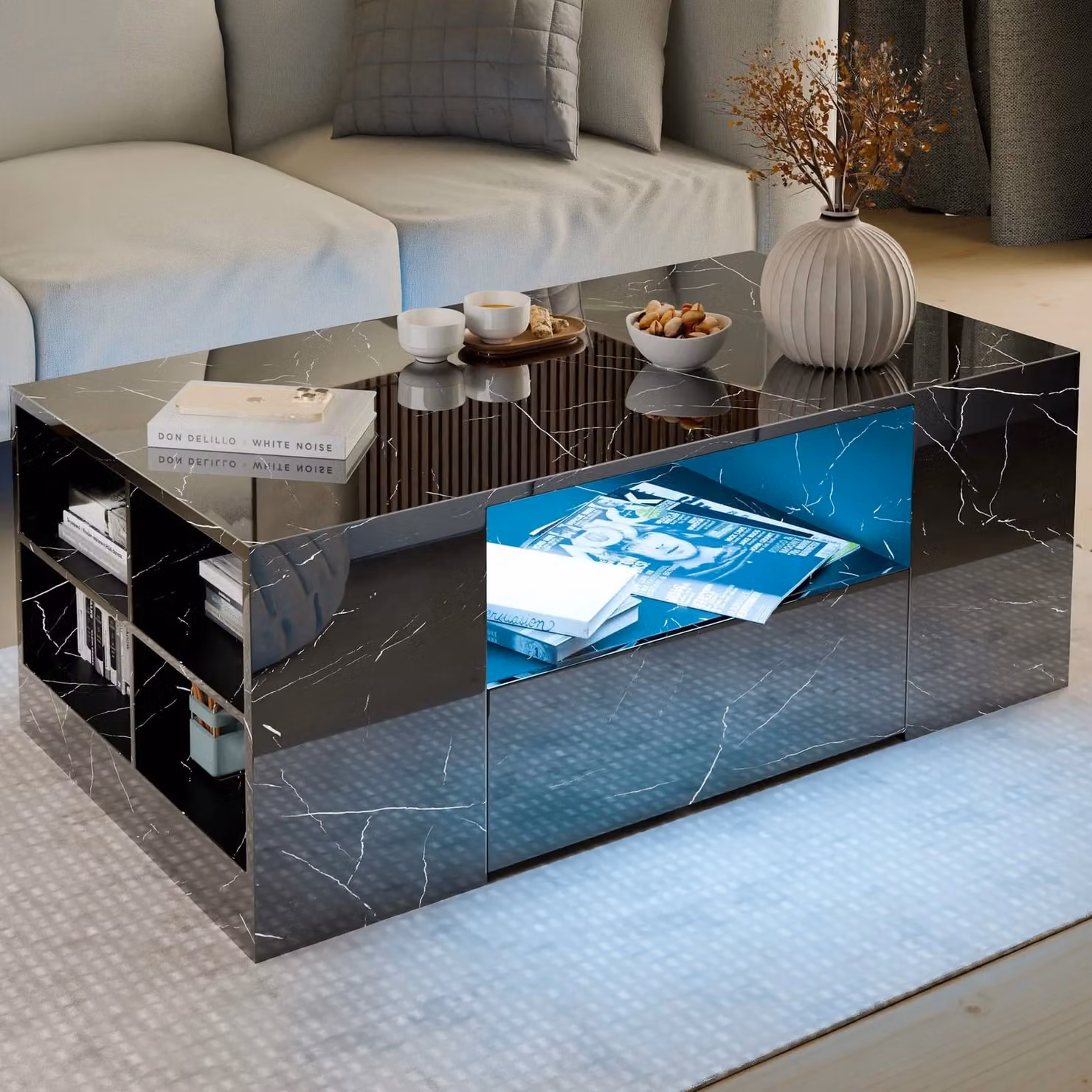 DHS Modern High Gloss Black Marble Coffee Table with LED Lights and Storage Drawers W/D/H: 95 x 55 x 37 cm
