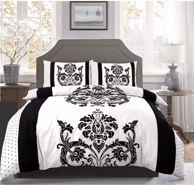Kampala Hill Black and White Damask Duvet Cover, W: 140 cm, L: 200 cm