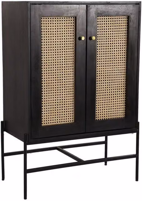 Jaipur Furniture Ltd Rattan 2 Door Highboard Cabinet in Black Mango Wood and Iron, W80 x D45 x H120 cm – 1
