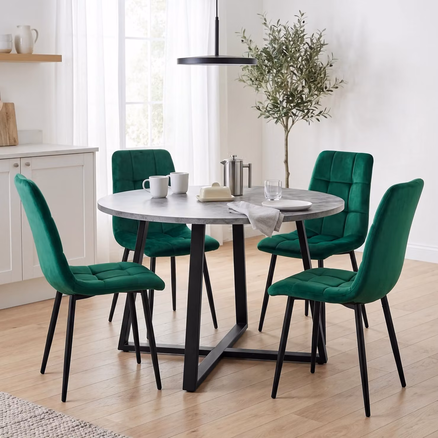 DHS Kyvon Round Dining Table Set with 4 Chairs in Concrete Effect and Green Velvet, Diameter: 110 cm