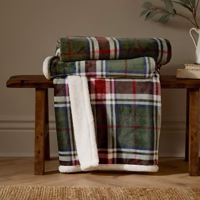 Braemar Green Multicolour Checked Sherpa Tartan Fleece Throw