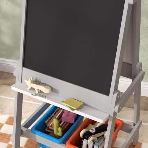 AIYAPLAY Double Sided Art Easel for Kids with Paper Roll, Chalk Board, White Board, Eraser and Storage Boxes, Multicolour – 4