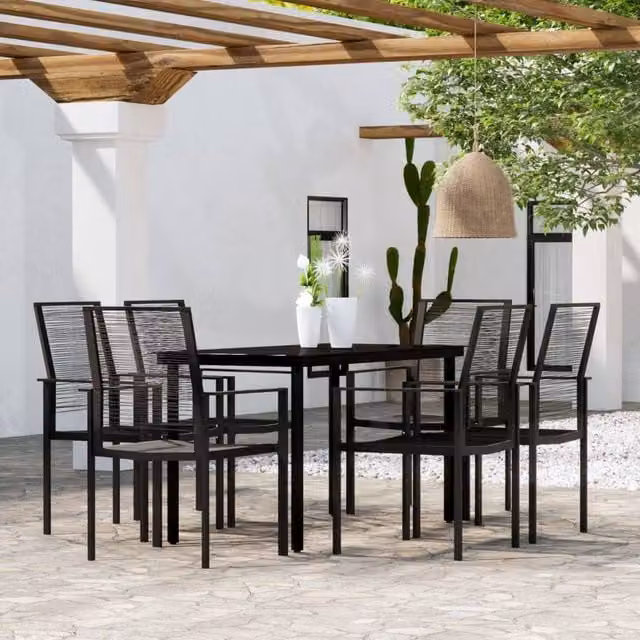 Berkfield Home 7 Piece Modern Black Garden Dining Set with Glass and Rattan – 1
