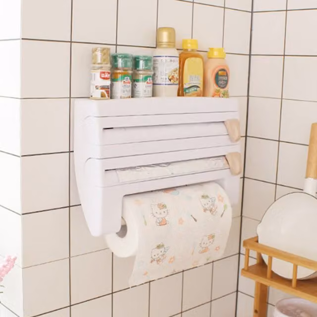 Livingandhome Wall Mounted Cling Film and Paper Towel Holder and Foil Dispenser, White