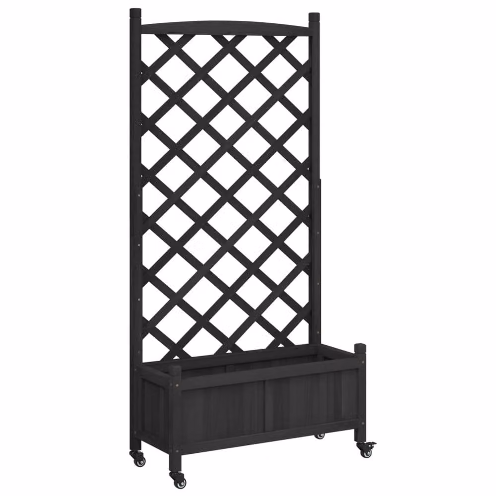 Berkfield Home Black Solid Wood Planter with Trellis and Wheels – 2