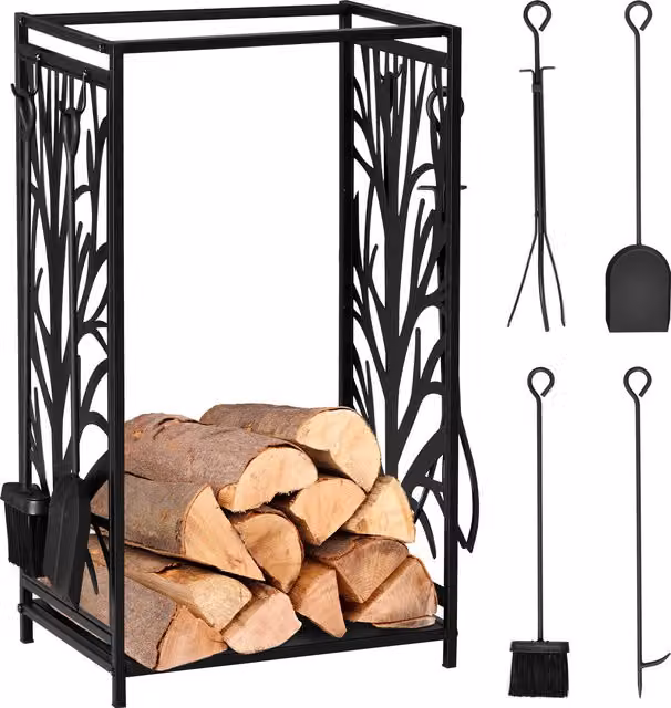 HOMCOM Heavy Duty Steel Firewood Log Rack and Storage Stacker with 4 Tools, Black