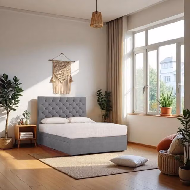 Knight Sleep Athens Plush Grey Upholstered Hybrid Bed Set with Mattress and 2 Drawers, W/D/H: 120 x 200 x 61 cm – 1