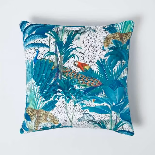 Homescapes Petrol and Multicolour Velvet Square Cushion, W/D/H: 46 x 46 x 1 cm