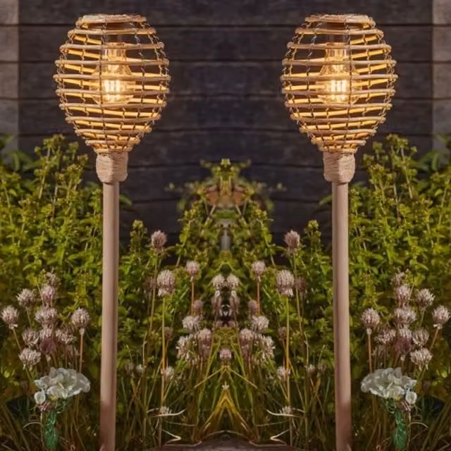 Marco Paul 2-Pack Large Solar Rattan Garden Stake Lights in Beige with Warm White Dusk Sensor – 1