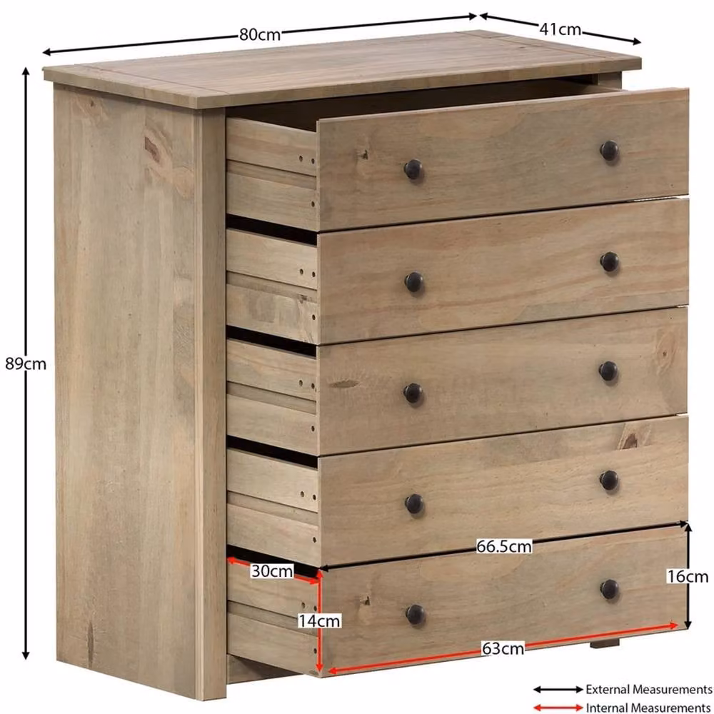 Kelvenix 5 Drawer Chest of Drawers in Rustic Brown Waxed Solid Pine Wood – 2