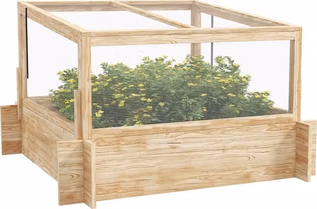 Outsunny Brown Wooden Raised Garden Bed with Greenhouse and Hinged Polycarbonate Lid, W: 98 cm, D: 98 cm, H: 63.5 cm – 1