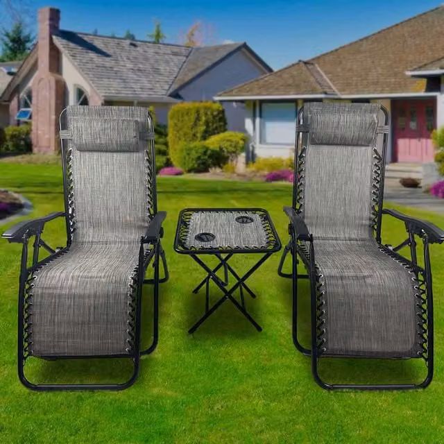 Birchtree Grey Sun Recliner Table Set with Textilene Fabric and Powder Coated Steel Frame
