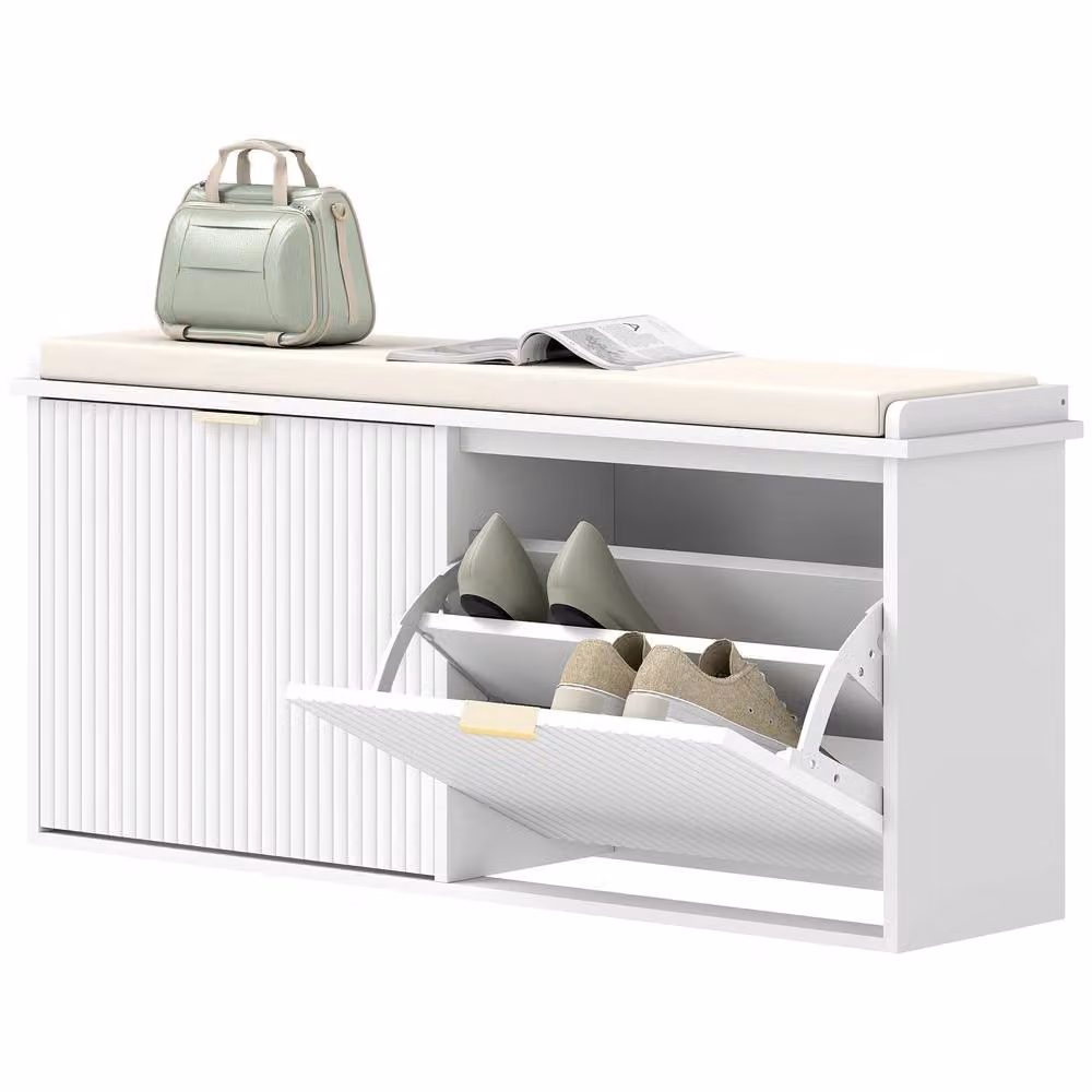 STILVORA Shoe Bench with 2 Flip Drawers and Padded Fabric Seat in White and Gold, W/D/H: 104 x 26 x 47.5 cm – 2
