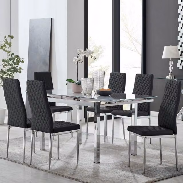 FurnitureboxUK Enna White Glass Extending Modern Kitchen Dining Table and 6 Milan Chairs in Black
