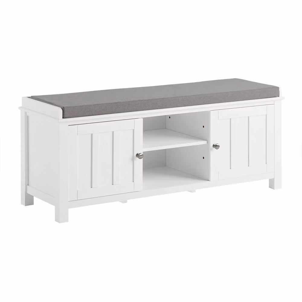 SoBuy Modern Shoe Rack and Entrance Bench in White with Silver and Grey Fabric Details – 2