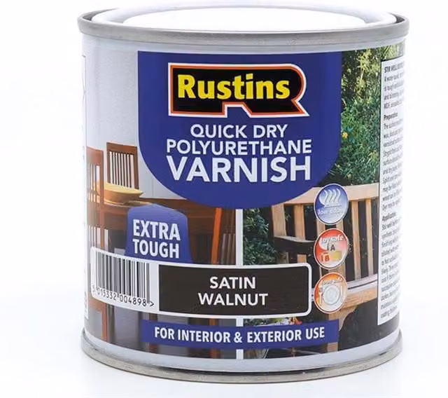 Rustins Quick Dry Water-Based Polyurethane Wood Varnish, Satin, Brown, 250ml