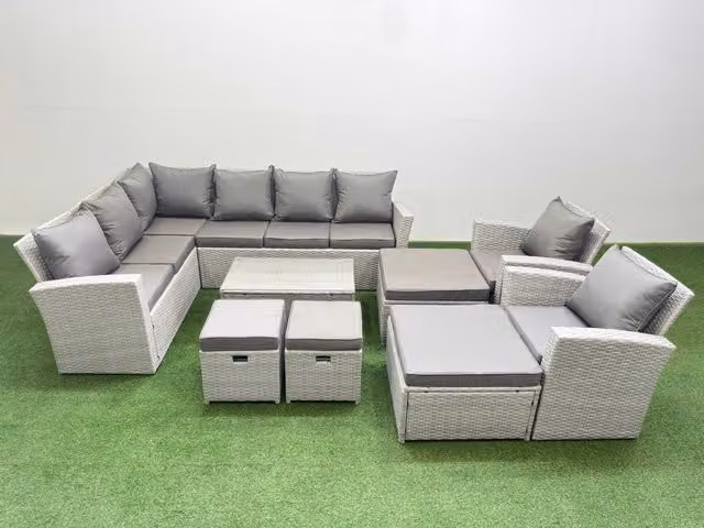 Fimous 12 Seater L-Shape Garden Rattan Furniture Set in Light Grey with Upholstered Cushions and 4 Footstools