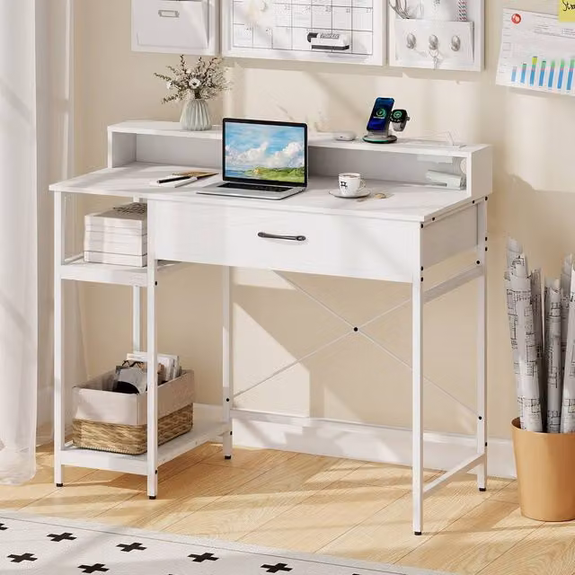 Costway White Wooden Computer Desk and Office Workstation with Power Outlets – 1