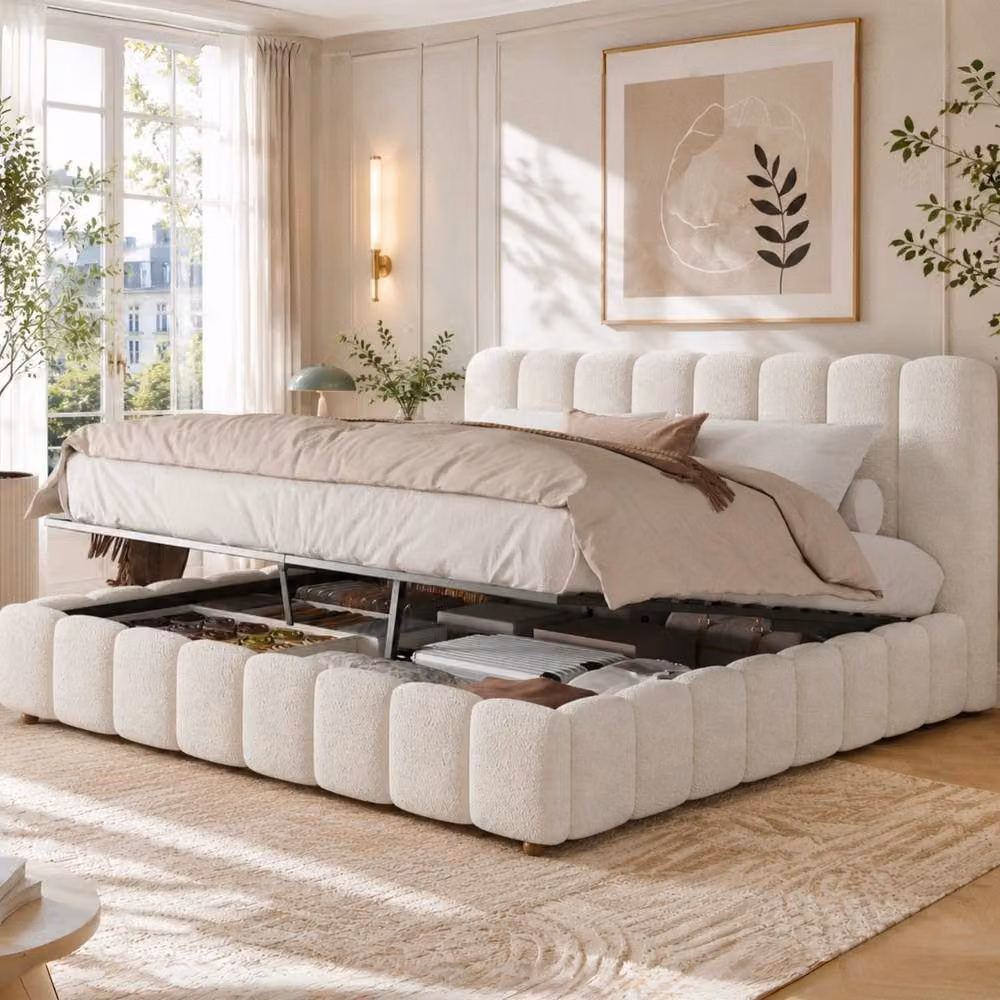 BTM Super King Bouclé Upholstered Ottoman Bed with Hydraulic Storage in White – 2