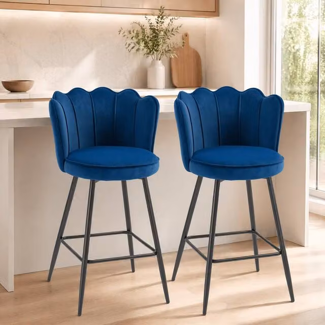 STILVORA Set of 2 Modern Velvet Bar Stools with Metal Legs in Blue