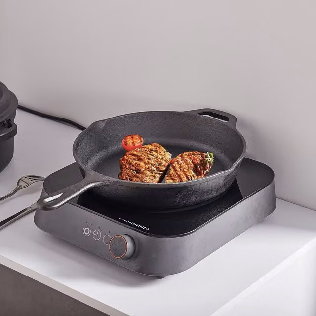 Livingandhome Uncoated Cast Iron Frying Pan, Grey, Diameter: 30 cm