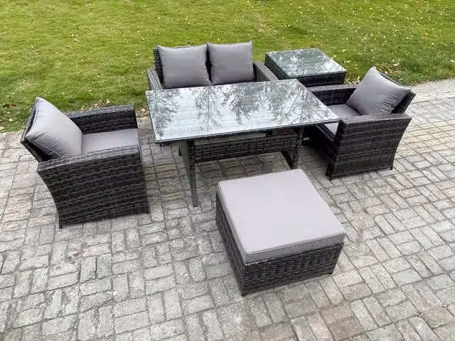 Fimous Dark Grey PE Wicker Outdoor Garden Furniture Set with Rectangular Glass Top Dining Table and Lounge Sofa