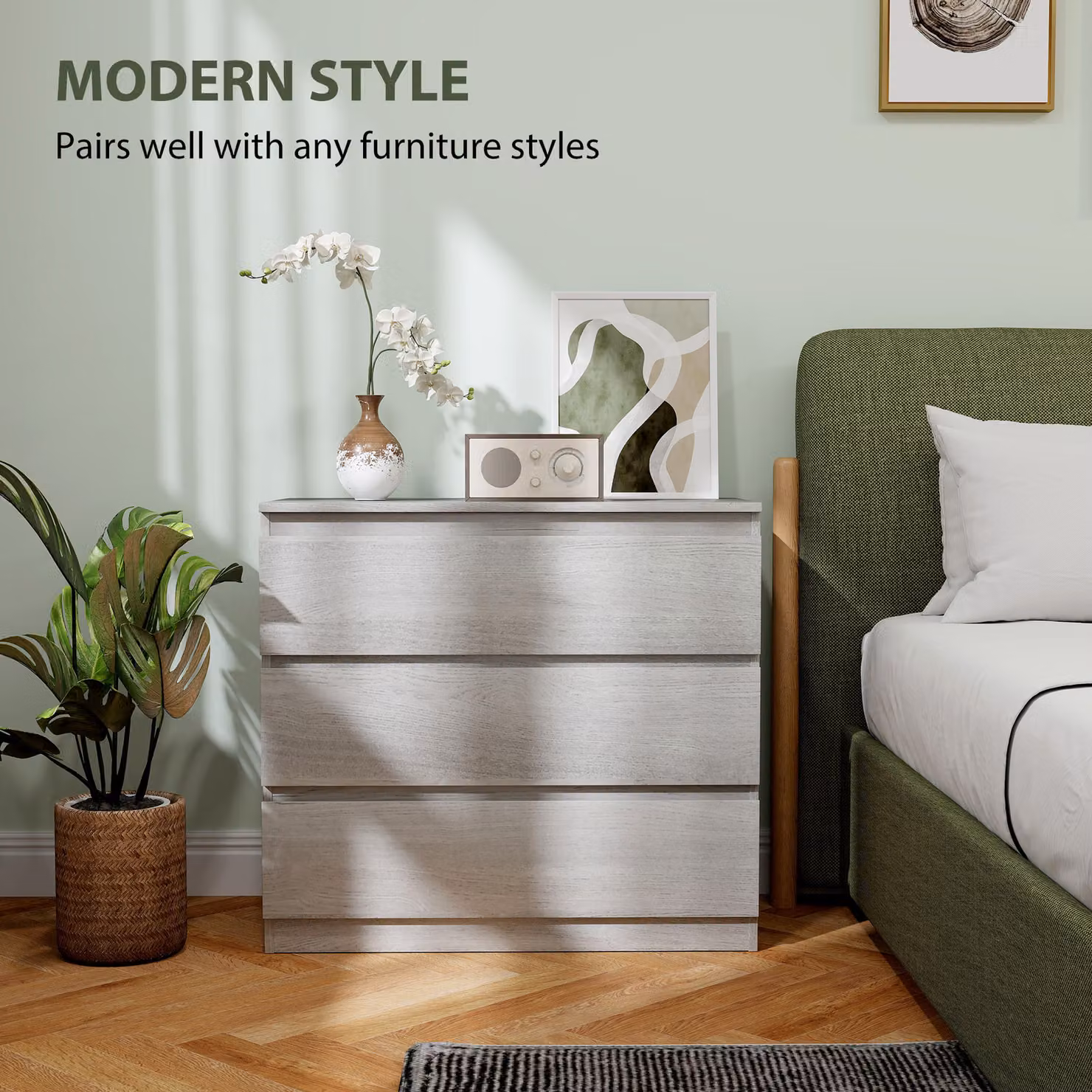 HOMCOM Modern Grey Wood Effect Chest of Three Drawers – 2