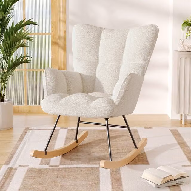 Livingandhome White Bouclé Upholstered Rocking Chair with Armrests and Wooden Runner
