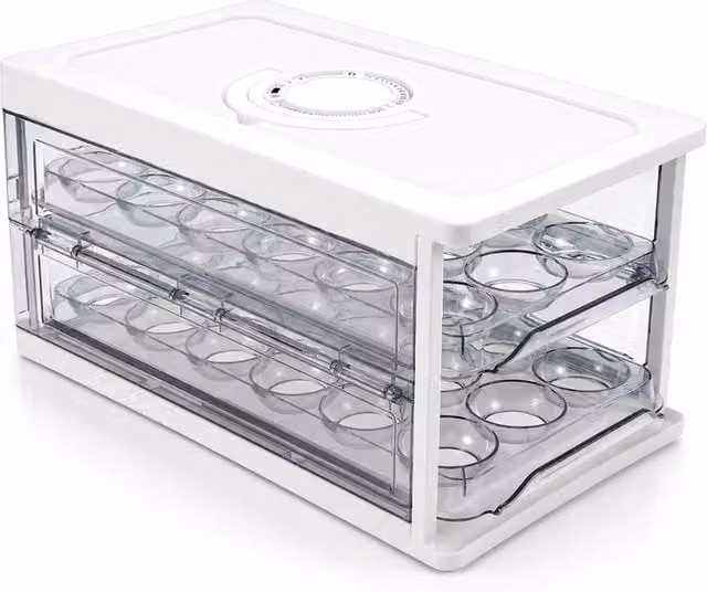 VOGREX 2 Tier Rolling Egg Dispenser for 36 Eggs, Clear and White Fridge Storage Rack