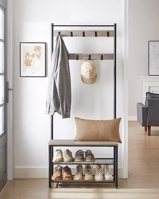 VASAGLE Modern Hallway Coat Rack with Bench and Shoe Rack, Metal Frame, Light Beige