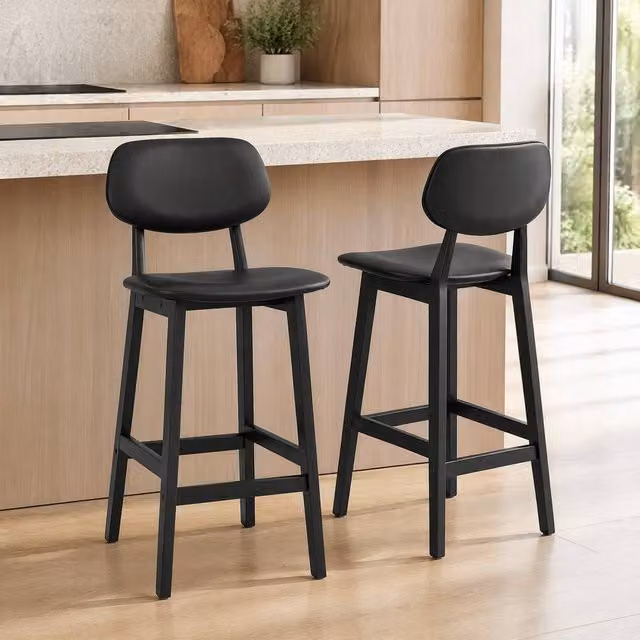 STILVORA Set of 2 Modern Black Synthetic Leather Bar Stools with Wooden Structure