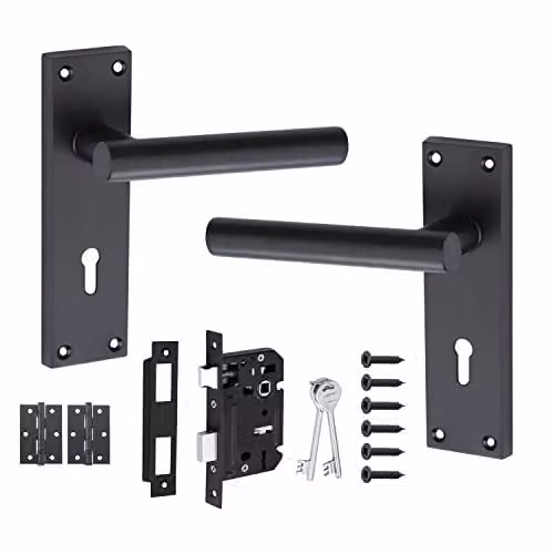 Golden Grace T-Bar Lever Backplate Lock Handle Pack in Matt Black with Key Lock