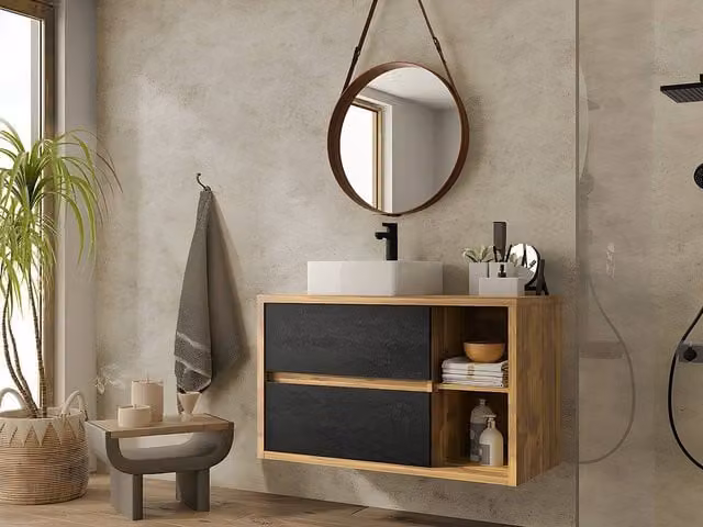Vente-unique Wall-Mounted Vanity Unit in Light Oak and Anthracite, W: 100 cm, D: 45.5 cm, H: 60 cm – 1
